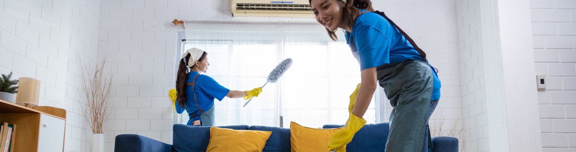 two women cleaners cleaning a living room